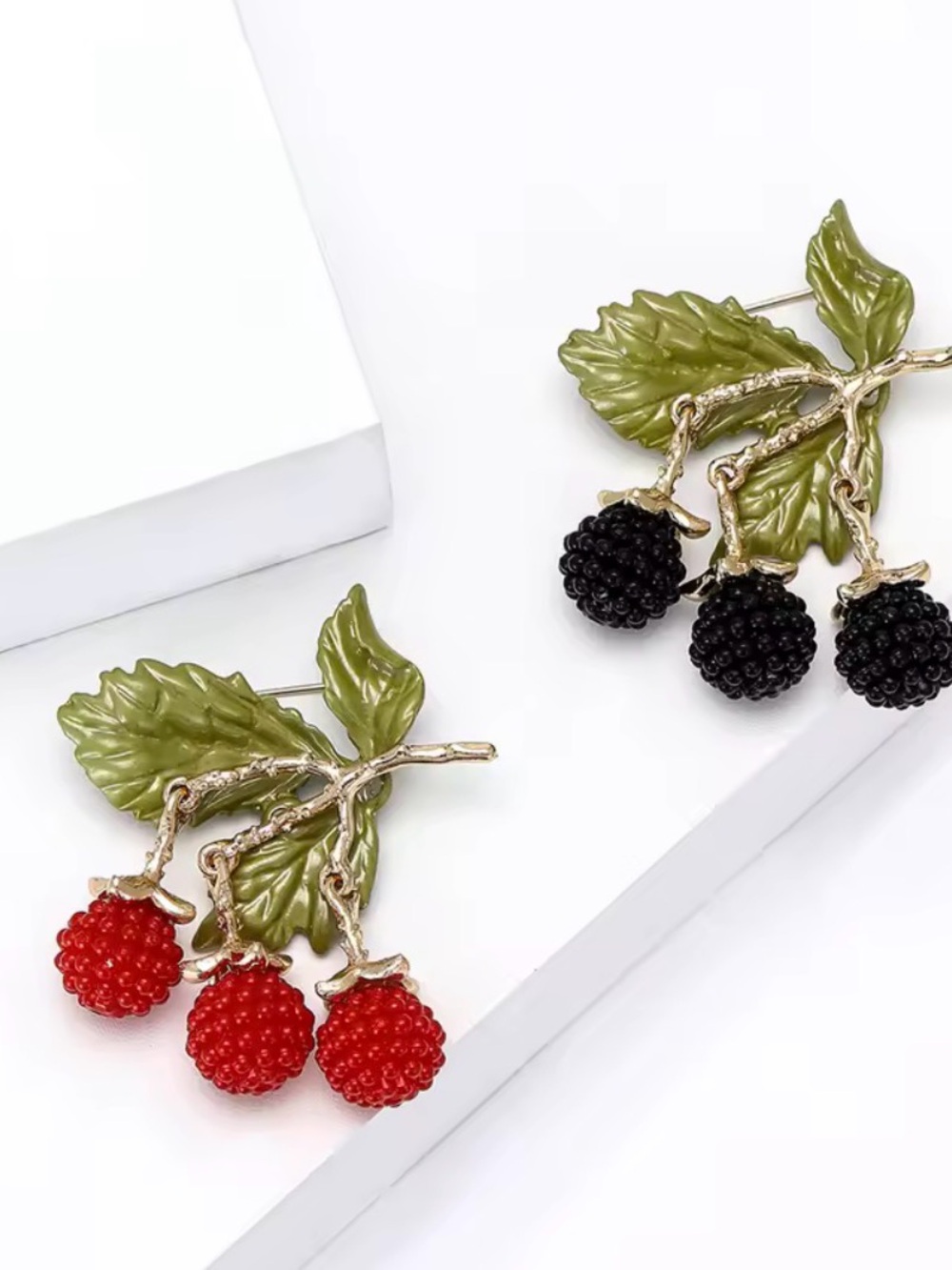 Gold-Tone Leaf Brooch with Green Enamel and Red Berry Clusters - Picture 7 of 10